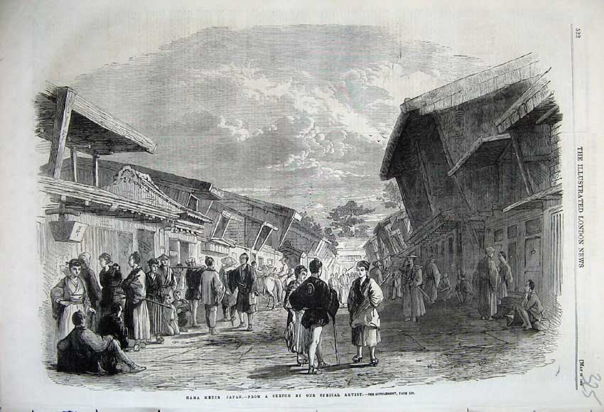 Original Old Antique Print 1862 Hama Metze Japan People Street Scene Buildings