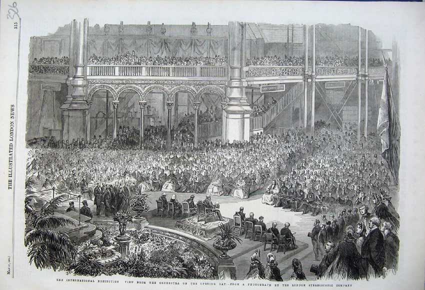 Original Old Antique Print 1862 International Exhibition View Orchestra Music