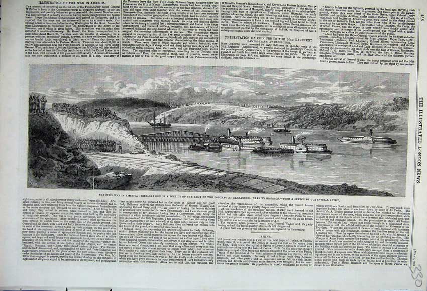 Old Antique Print 1862 Civil War America Army Ships Steamer Potomac River 19th