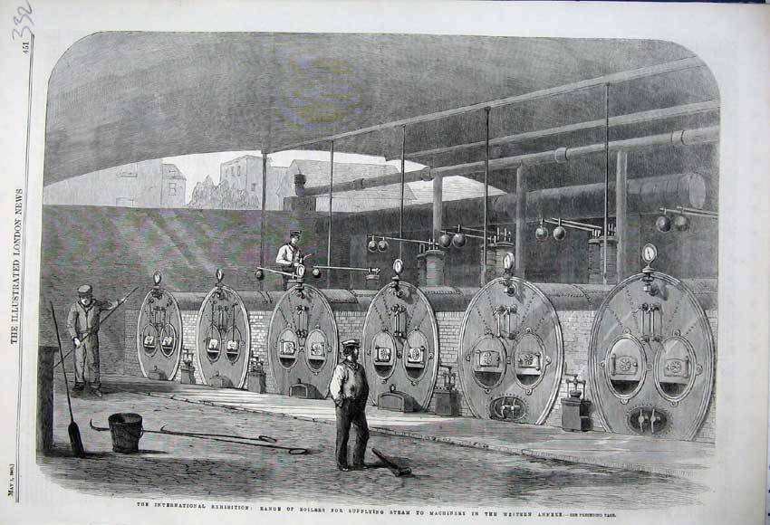 Old Antique Print 1862 International Exhibition Boilers Steam Machinery 19th