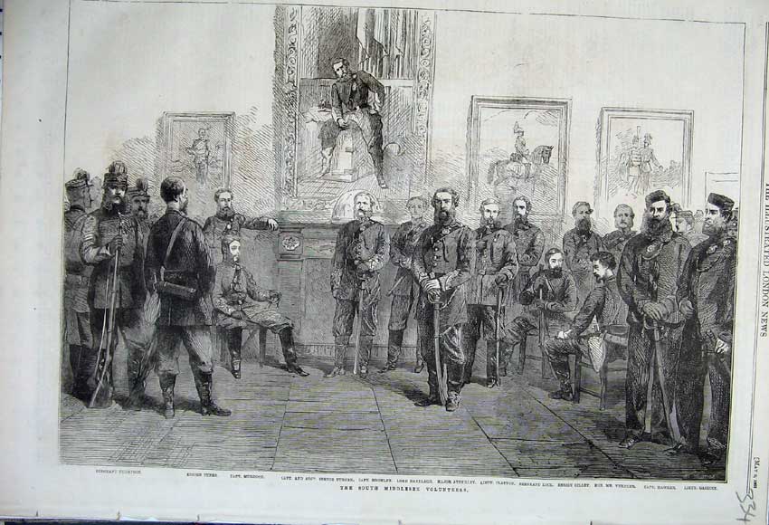 Original Old Antique Print 1862 Middlesex Volunteers Lord Ranelagh Murdoch Lock