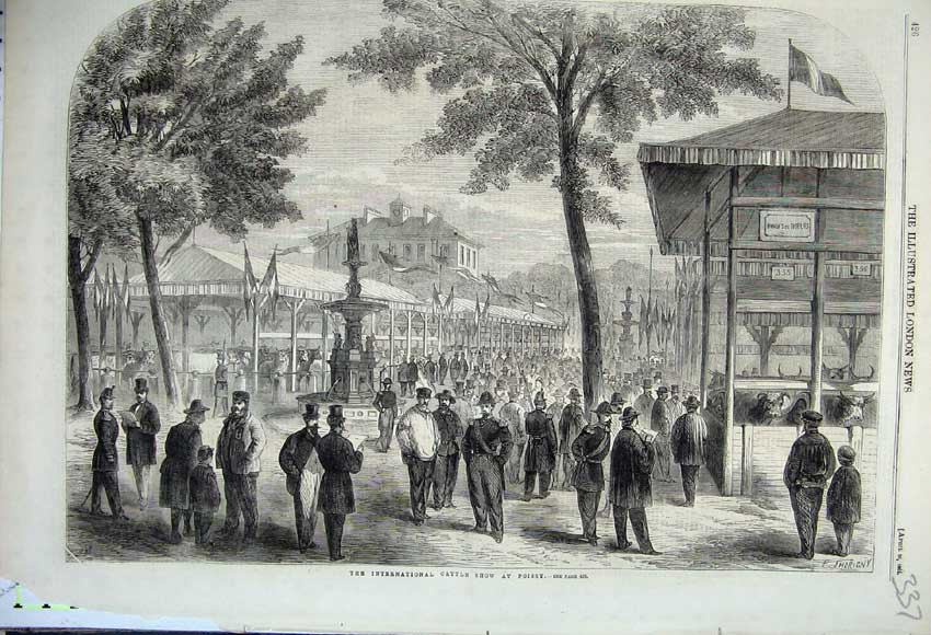 Old Antique Print 1862 International Cattle Show Poissy People Buildings 19th