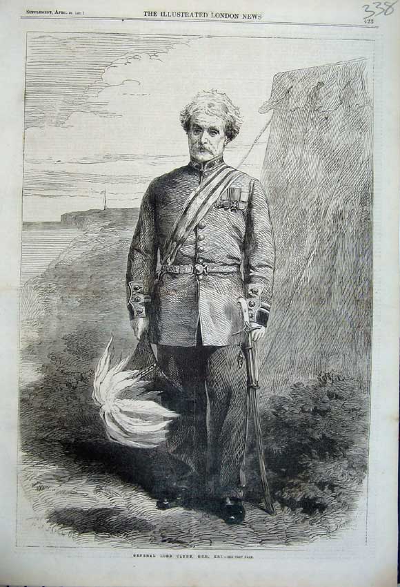 Original Old Antique Print 1862 Portrait General Lord Clyde Army War Victorian