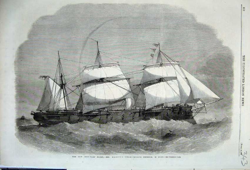 Original Old Antique Print 1862 Iron Clad Fleet Ship Steam Frigate Defence Guns