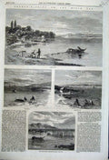 Old Antique Print 1862 Salmon Fishing River Tay Stake Net Boats Scotland 19th