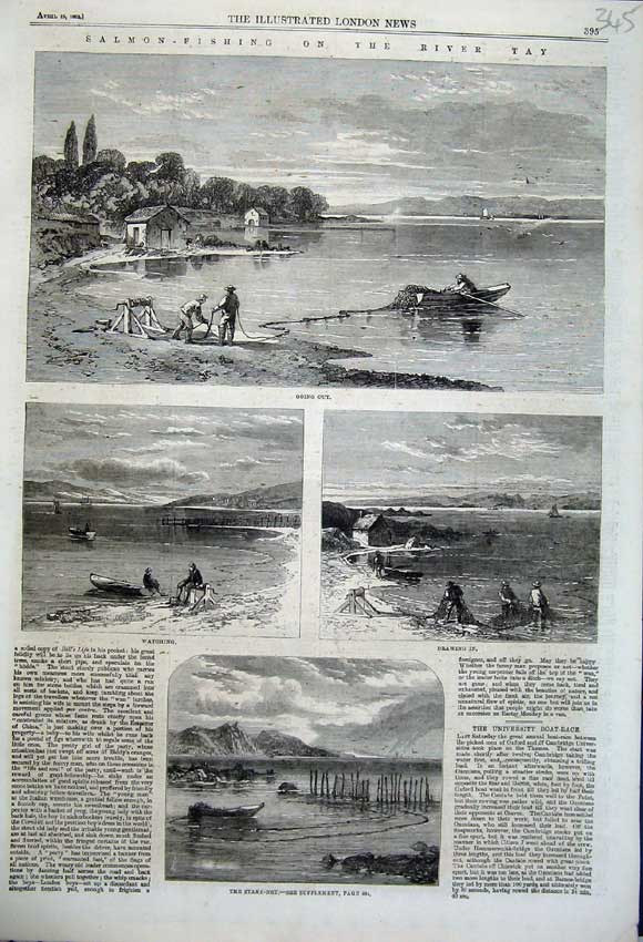 Old Antique Print 1862 Salmon Fishing River Tay Stake Net Boats Scotland 19th