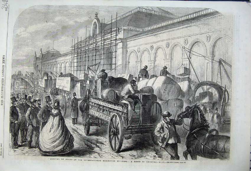 Original Old Antique Print 1862 Cromwell Road Arrival Goods Exhibition Building