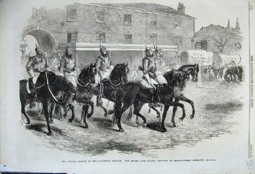 Original Old Antique Print 1862 Change HousehBrigade Life Guards Horse Barrack