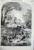 Original Old Antique Print 1862 Palm Sunday Church Families Picnic River Bridge