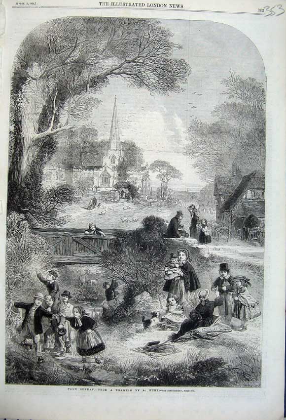 Original Old Antique Print 1862 Palm Sunday Church Families Picnic River Bridge