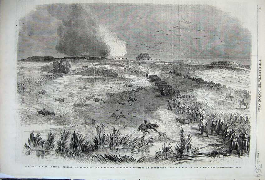 Original Old Antique Print 1862 Civil War America Federal Advancing Centreville