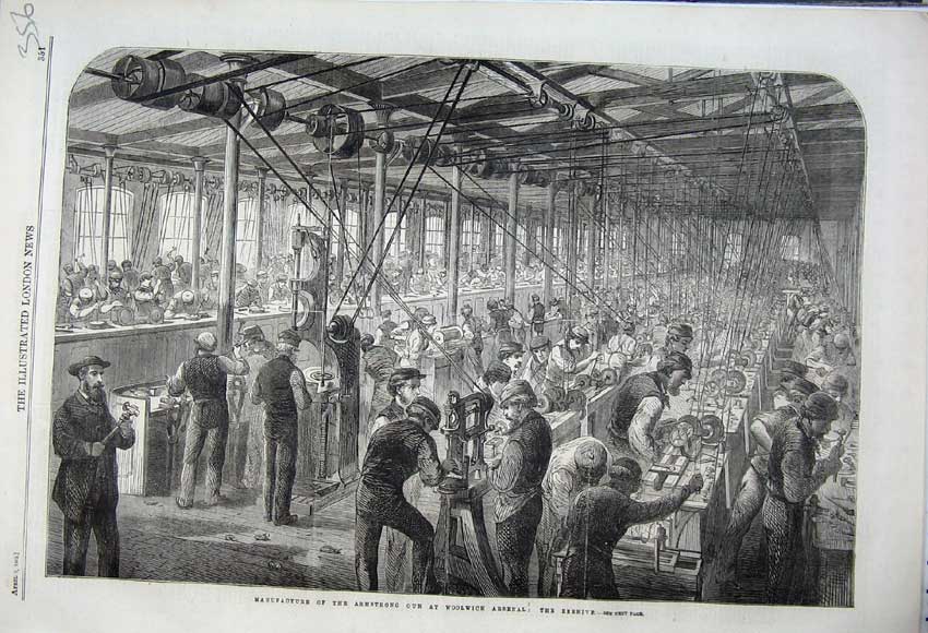Original Old Antique Print 1862 Manufacture Armstrong Gun Woolwich Beehive 19th