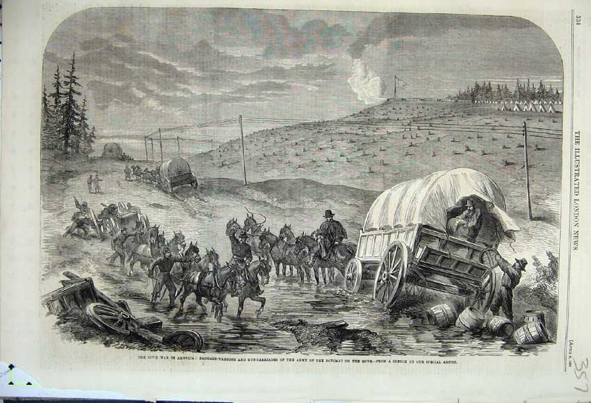 Old Antique Print 1862 Civil War America Baggage Wagons Potomac Carriage 19th