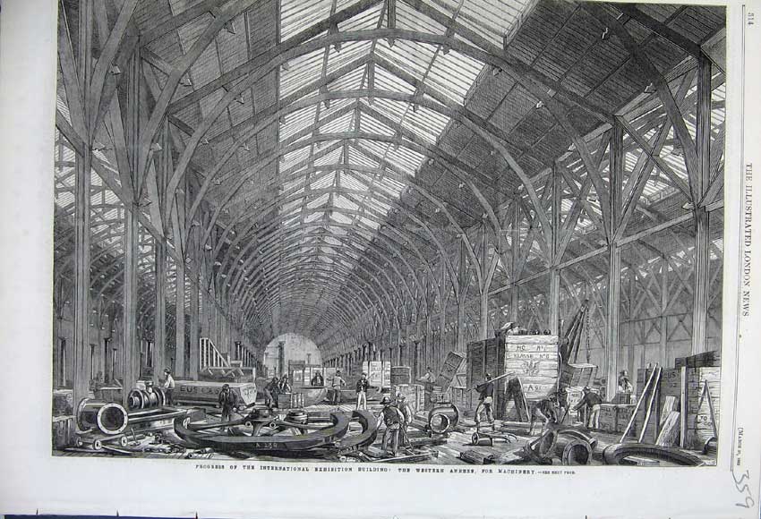 Old Antique Print 1862 International Exhibition Building Annexe Machinery 19th