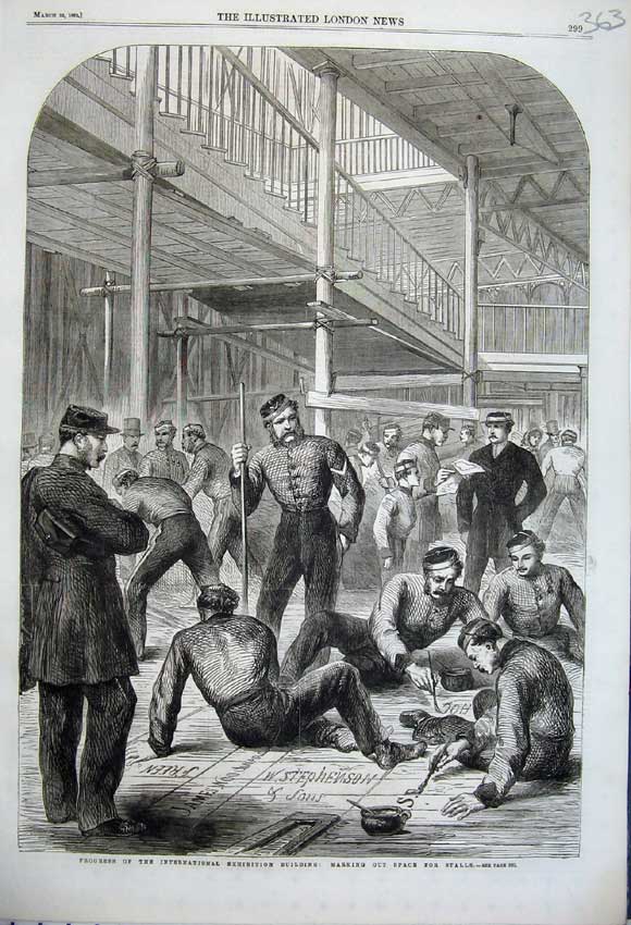Old Antique Print 1862 International Exhibition Building Marking Stalls 19th