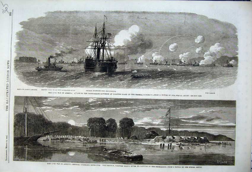 Original Old Antique Print 1862 War America General Burnside Fort Bartow Ship