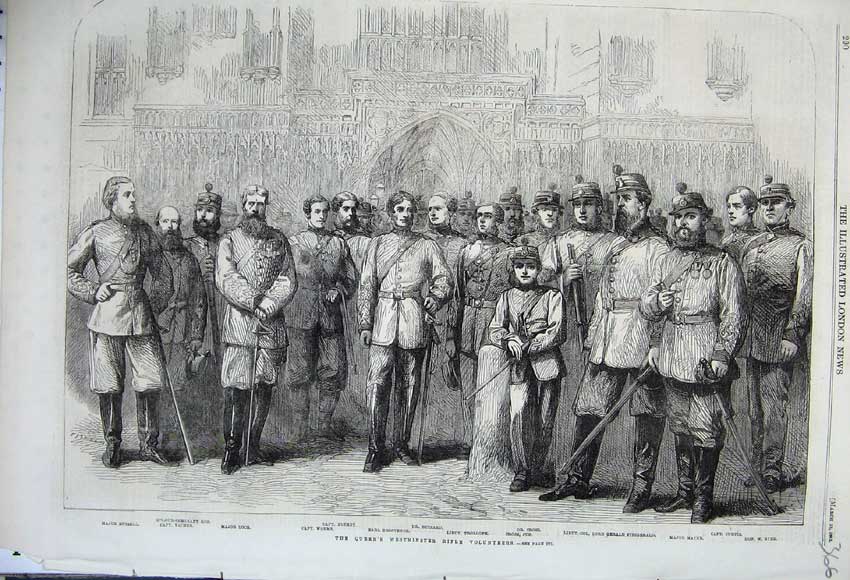 Old Antique Print 1862 Queen Westminster Rifle Volunteers Major Loch Byng 19th