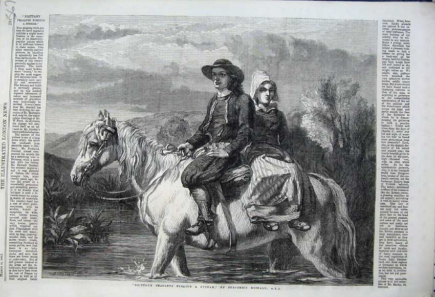 Original Old Antique Print 1862 Brittany Peasants Fording Stream Horse Country