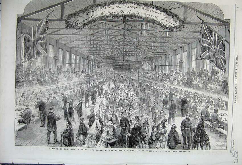 Original Old Antique Print 1862 Banquet Fusilier Guard Queen'S Troops Brunswick