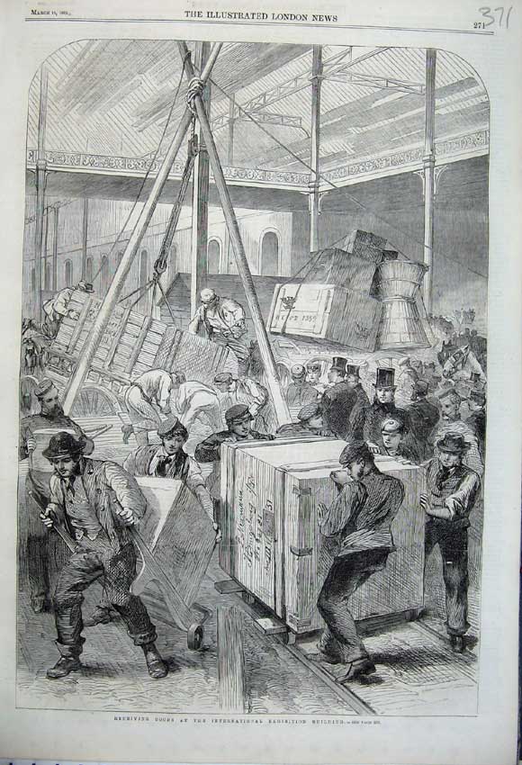 Old Antique Print 1862 Receiving Goods International Exhibition Building 19th