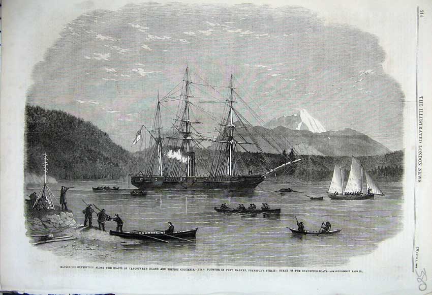 Old Antique Print 1862 Vancouver Columbia Ship Plumper Port Harvey Boats 19th