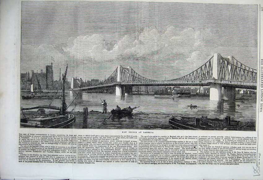 Original Old Antique Print New Suspension Bridge Lambeth Steam Boat 1862 Castle