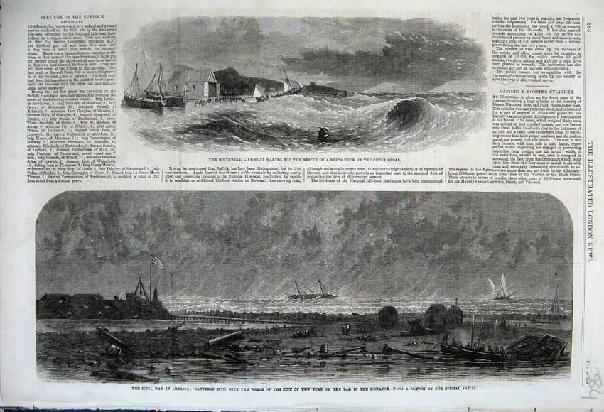 Original Old Antique Print 1862 Civil War America SouthwLife-Boat Wreck Ship