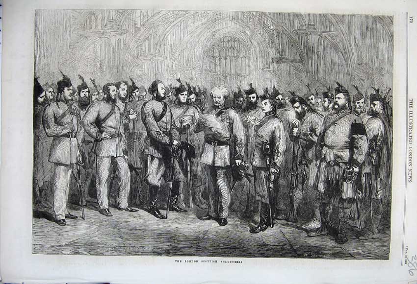 Original Old Antique Print 1862 London Scottish Volunteers Army Siers War Men