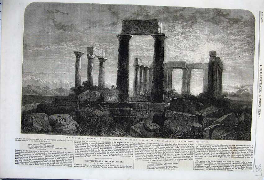 Original Old Antique Print 1862 Temple Minerva Aegina Greece Harry Johnson 19th