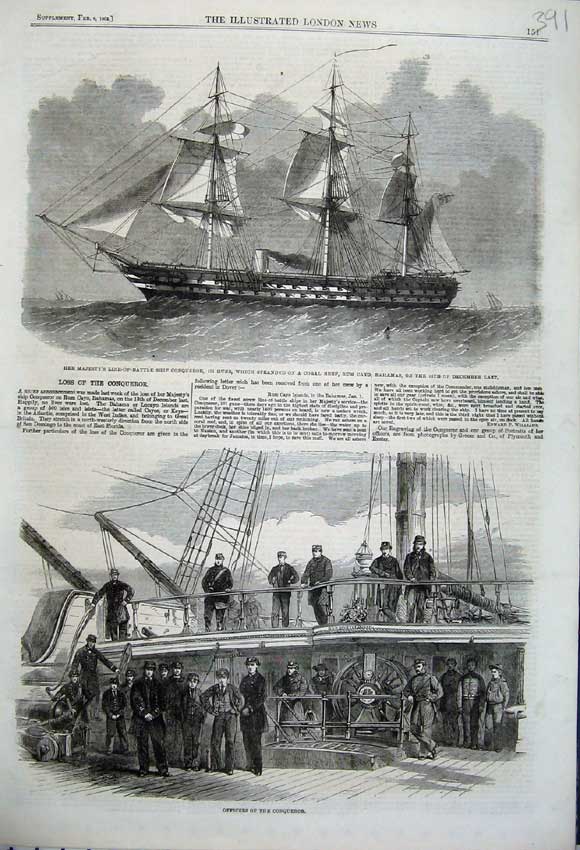 Original Old Antique Print 1862 Officers Conqueror Battle Ship Bahamas Rum Cayo
