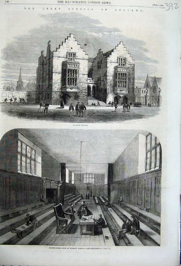 Original Old Antique Print 1862 Harrow School England Fourth Form Room Children