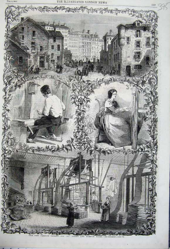 Old Antique Print French Treaty 1862 Lyons Silks Building Machinery Women 19th