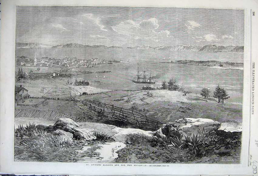 Old Antique Print 1862 St Andrews Harbour Bay Brunswick Town Sailing Ship 19th