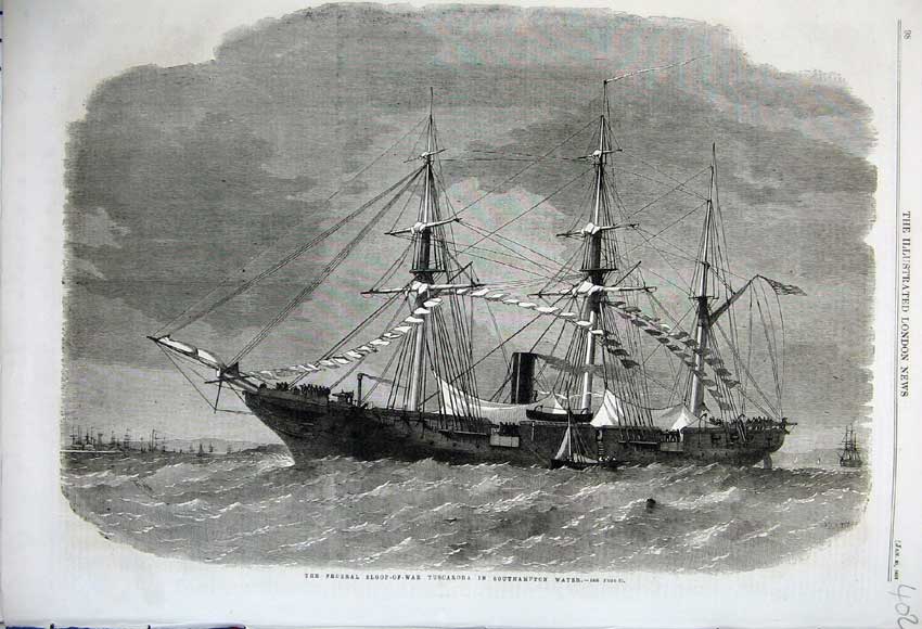 Original Old Antique Print 1862 Federal Slopp-Of-War Ship Tuscarora Southampton
