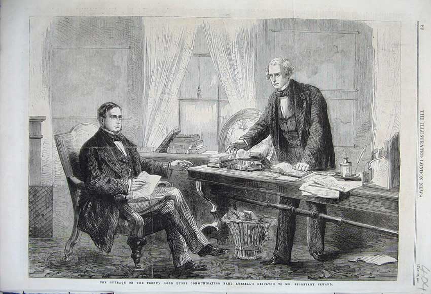 Old Antique Print 1862 Lord Lyons Communicating Earl Russell Desk Books 19th