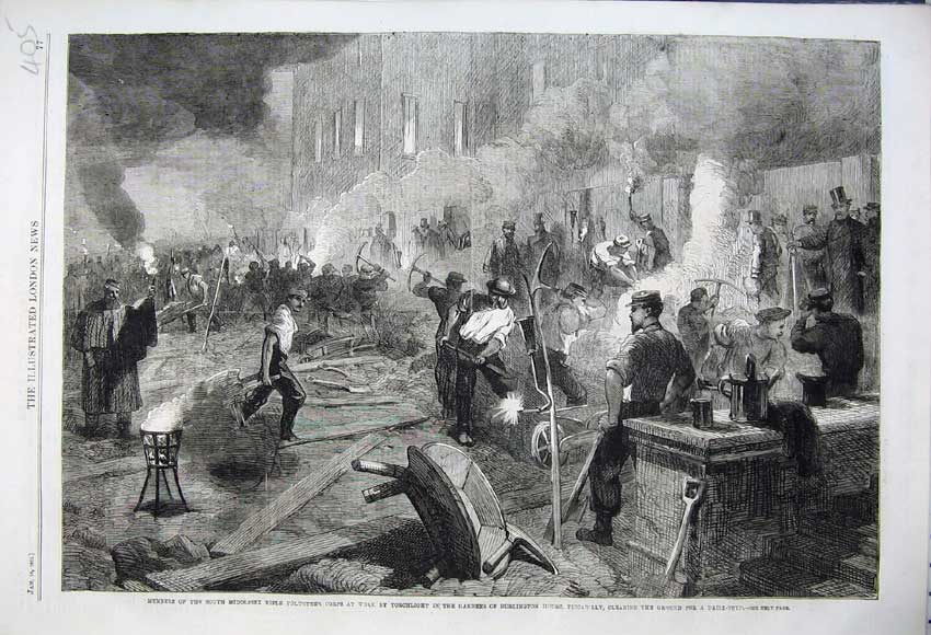 Old Antique Print 1862 Middlesex Rifle Volunteers Gardens Burlington Work 19th
