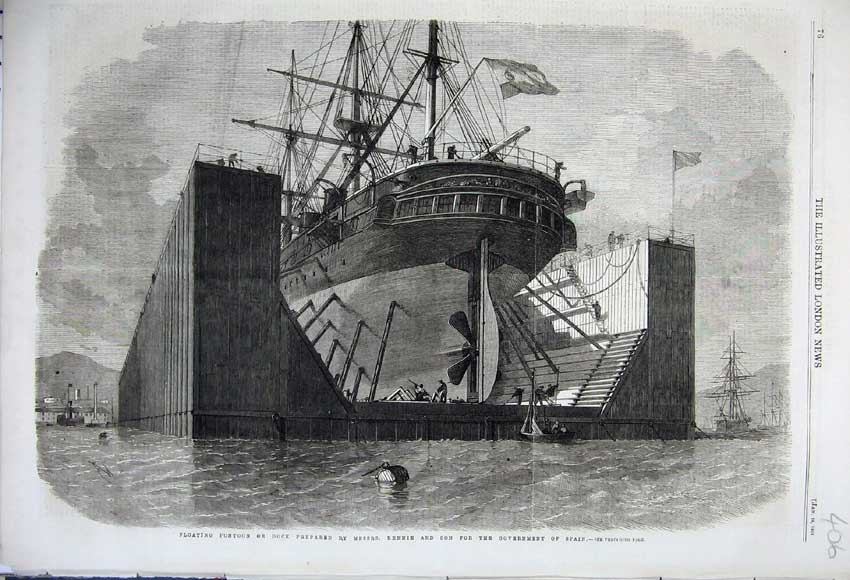 Old Antique Print 1862 Floating Dock Pontoon Rennie Government Spain Ship 19th