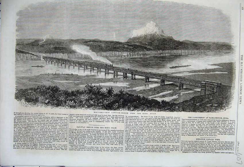 Original Old Antique Print 1862 Wrought Iron Lattice Railway Bridge Ebro Spain