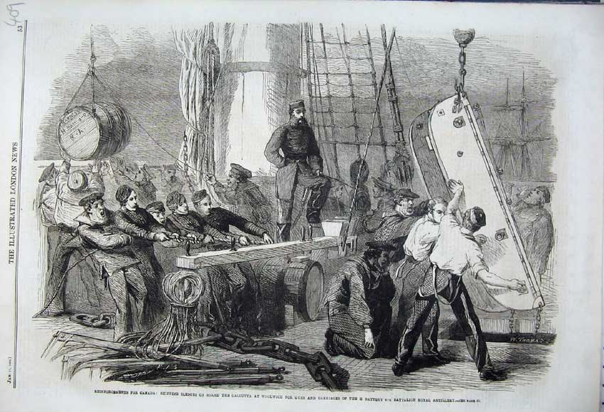 Old Antique Print 1862 Shipping Sledges Calcutta Ship Woolwich Artillery 19th