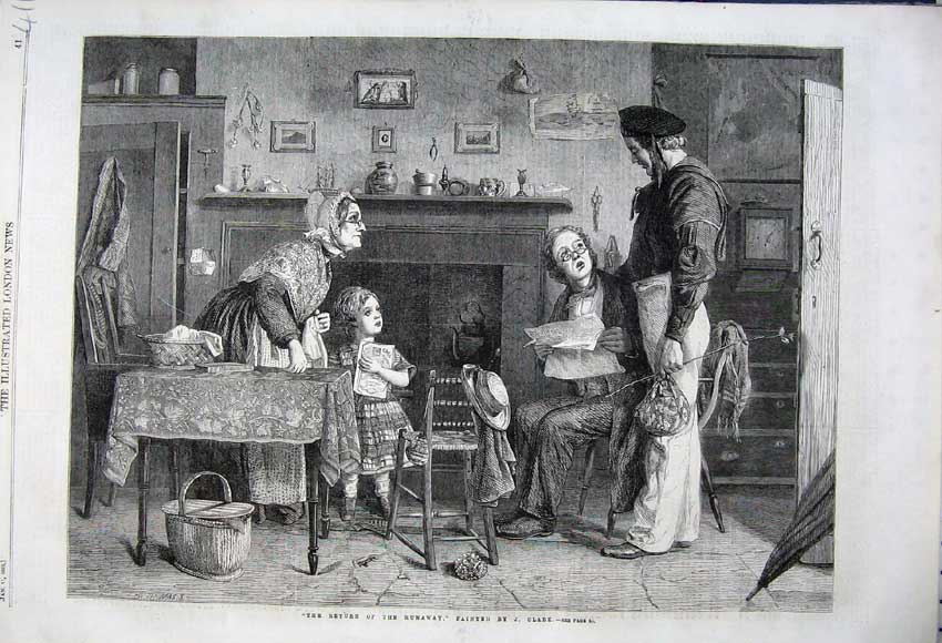 Old Antique Print 1862 Family Interior House Table Chair Return Runaway 19th