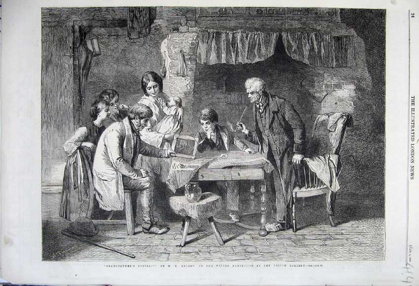 Original Old Antique Print 1862 Grandfathers Portrait Family House Table Knight
