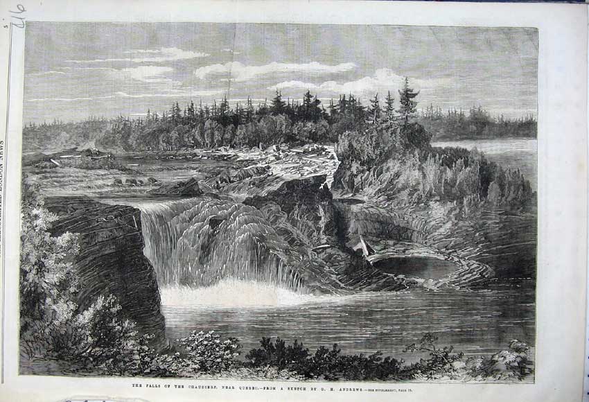 Old Antique Print 1862 Falls Chaudierf Quebec Canada Trees Rocks Andrews 19th