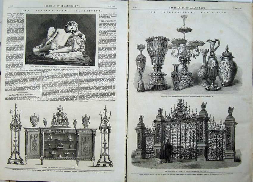 Antique Old Print 1862 Norwich Gates Bohemian Glass Cabinet Statue Figure 19th