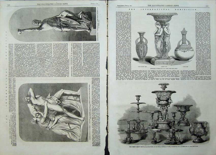 Antique Old Print 1862 Queen Desert Service Vase Marble Statue Exhibition 19th