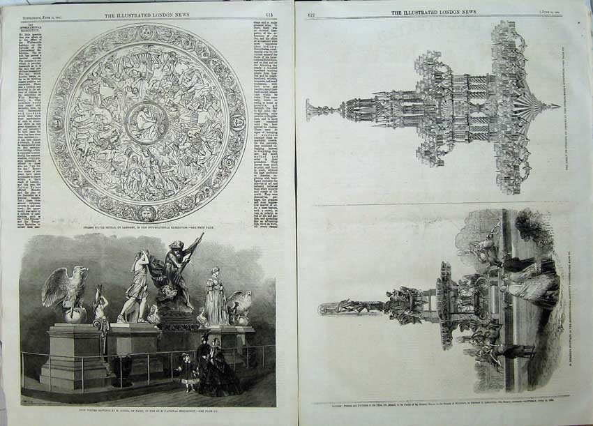 Original Old Antique Print 1862 Silver Shield Iron Figure Fountain Chandelier