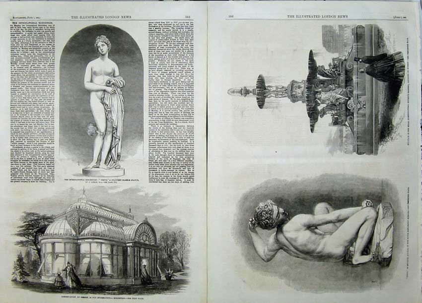 Old Antique Print 1862 Statue Venus Conservatory Fountain Cupid Angelo 19th