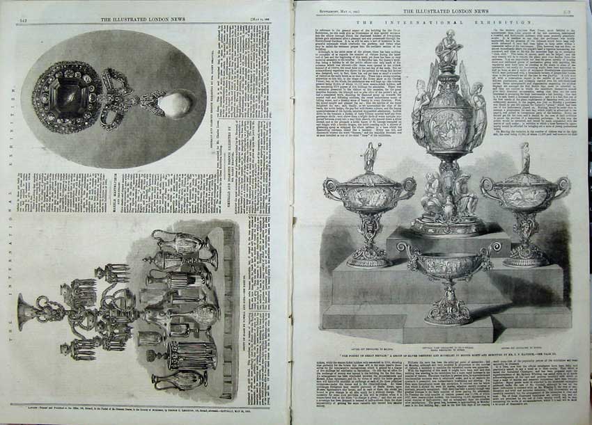 Old Antique Print 1862 Silver Cup Tazza Vase Milton Glass Powel Brooch 19th