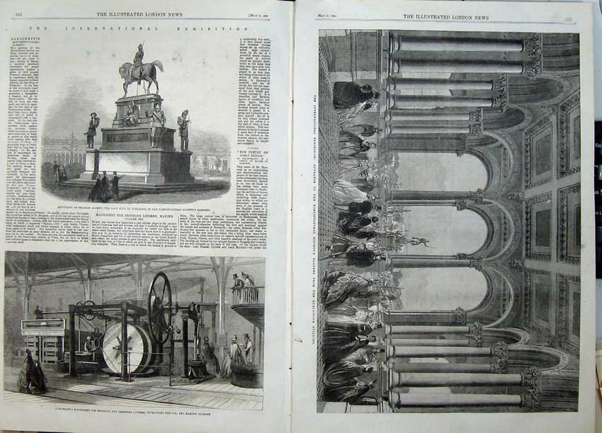 Antique Old Print 1862 Exhibition Garden Building Machinery Albert Statue 19th