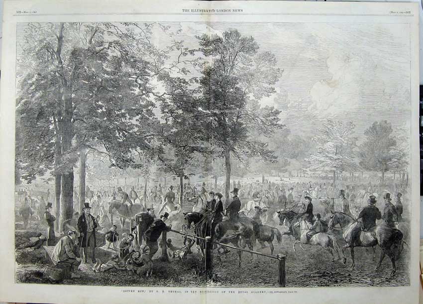 Original Old Antique Print 1862 Rotten Row Horses Hunting Sport Family Country