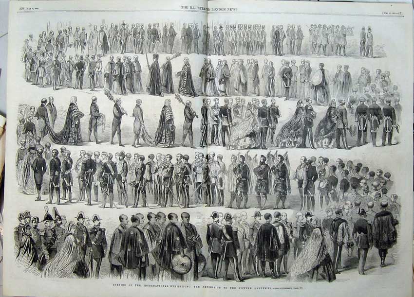 Old Antique Print Procession Opening International Exhibition Kilts 1862 19th